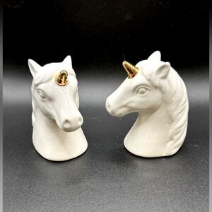 Unicorn Salt and Pepper Shakers Magical Fantasy White Gold Ceramic 3.25”